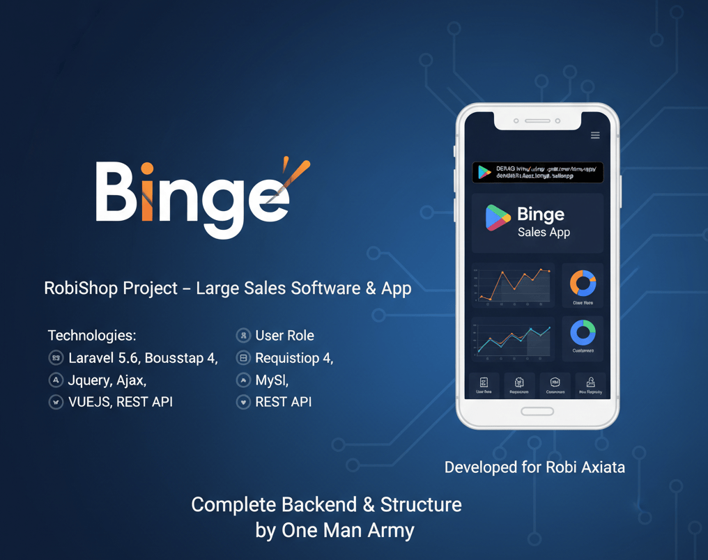 Binge — RobiShop Sales App - software engineering portfolio project by Pranto Roy built with Laravel · Vue.js · REST API · MySQL