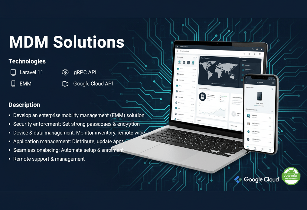 MDM Solution - software engineering portfolio project by Pranto Roy built with Laravel · MySQL · Google Android Management API